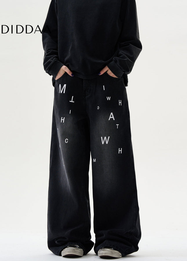 Blue Letter Print Wide-Leg Jeans for Casual Style - Men’s Jeans