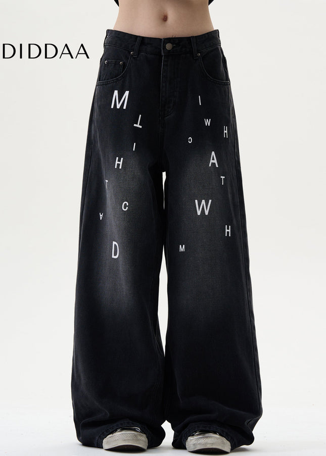 Blue Letter Print Wide-Leg Jeans for Casual Style - Men’s Jeans