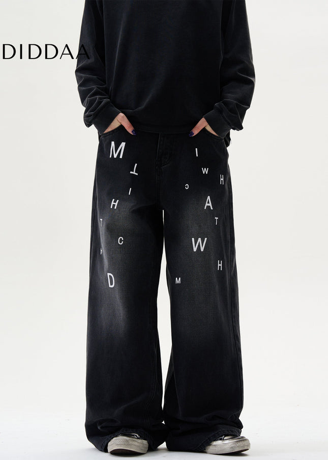 Blue Letter Print Wide-Leg Jeans for Casual Style - Men’s Jeans