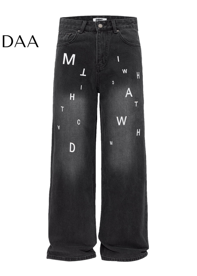 Blue Letter Print Wide-Leg Jeans for Casual Style - S / Black - Men’s Jeans