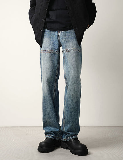 Blue Light Workwear Splicing Line Loose Wide-legged Jeans - 28 / Mid Blue - Men’s Jeans