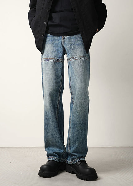 Blue Light Workwear Splicing Line Loose Wide-legged Jeans - 28 / Mid Blue - Men’s Jeans