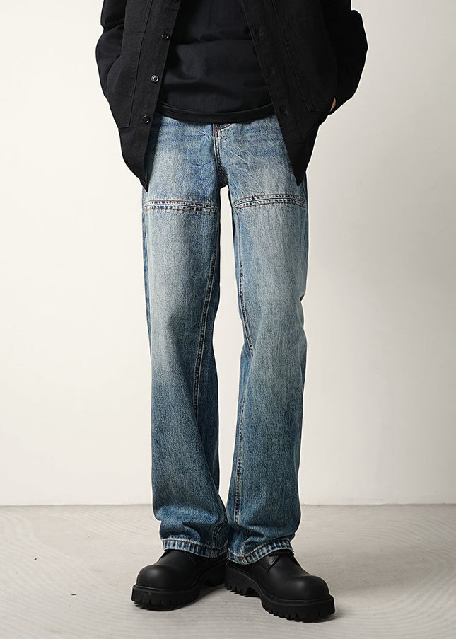 Blue Light Workwear Splicing Line Loose Wide-legged Jeans - 28 / Mid Blue - Men’s Jeans