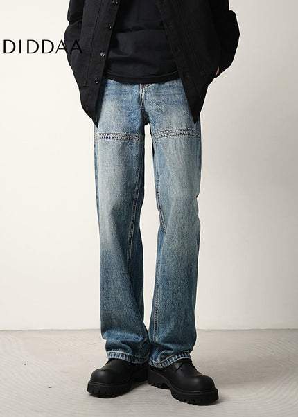Blue Light Workwear Splicing Line Loose Wide-legged Jeans - Men’s Jeans
