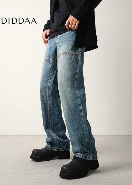 Blue Light Workwear Splicing Line Loose Wide-legged Jeans - Men’s Jeans