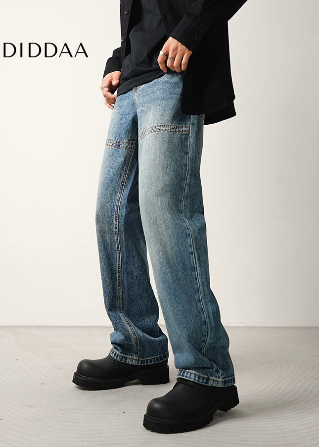 Blue Light Workwear Splicing Line Loose Wide-legged Jeans - Men’s Jeans