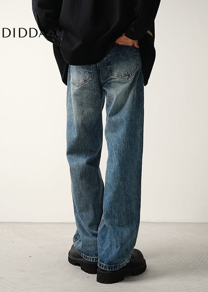 Blue Light Workwear Splicing Line Loose Wide-legged Jeans - Men’s Jeans