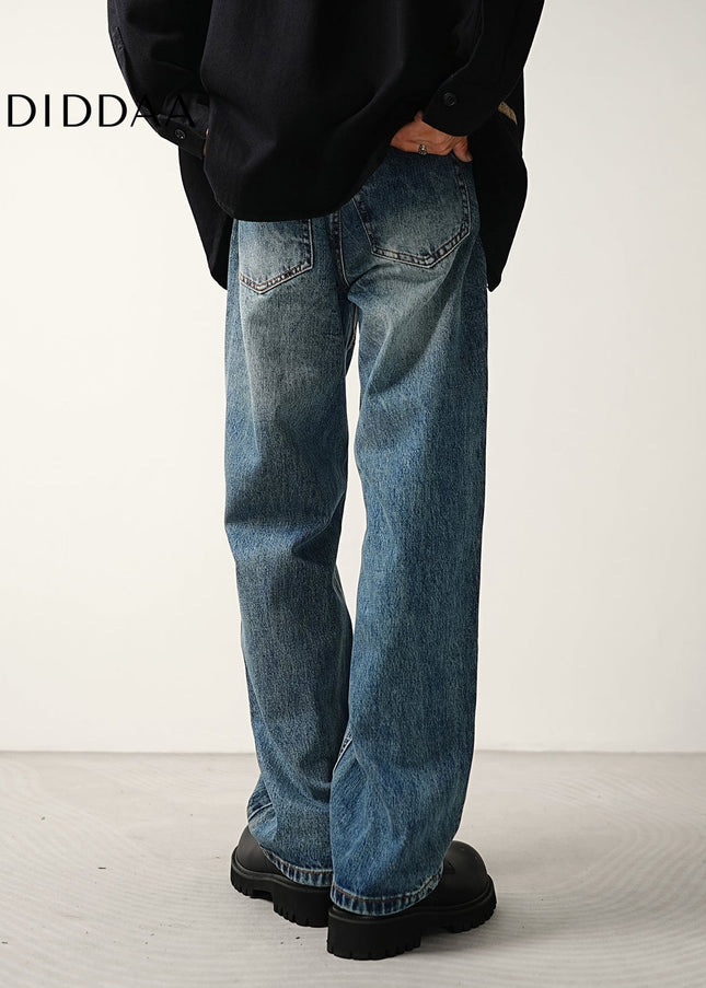 Blue Light Workwear Splicing Line Loose Wide-legged Jeans - Men’s Jeans