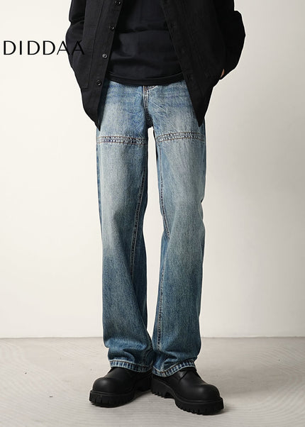 Blue Light Workwear Splicing Line Loose Wide-legged Jeans - Men’s Jeans