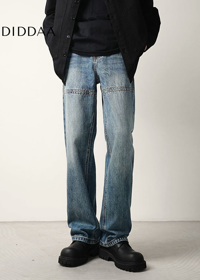 Blue Light Workwear Splicing Line Loose Wide-legged Jeans - Men’s Jeans