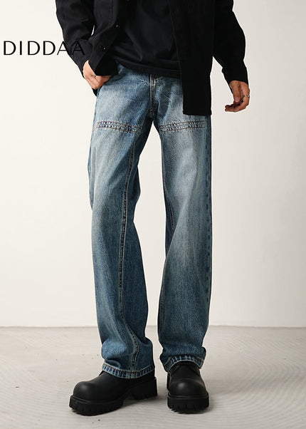 Blue Light Workwear Splicing Line Loose Wide-legged Jeans - Men’s Jeans