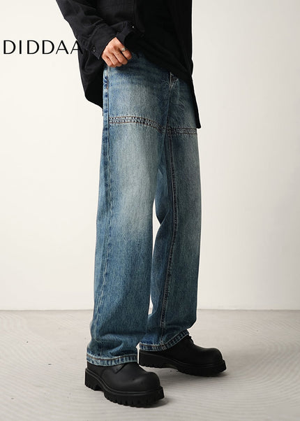 Blue Light Workwear Splicing Line Loose Wide-legged Jeans - Men’s Jeans