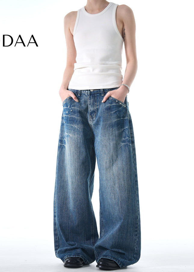 Blue Lightning Pattern Loose Fit Jeans for Men and Women - S / Mid Blue - Men’s Jeans