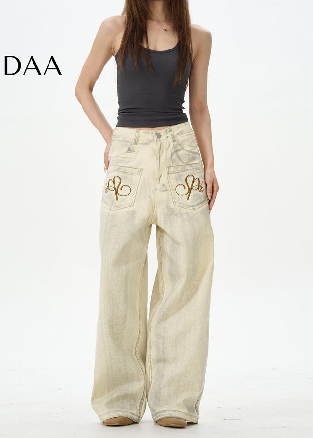 Blue Loose Distressed American Retro Straight-Leg Jeans - S / Khaki - Women’s Jeans