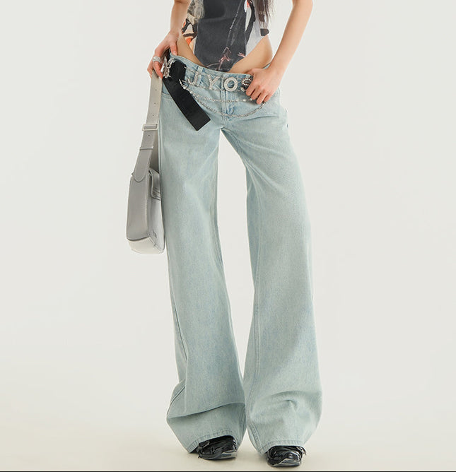 Blue Loose Fit American Retro Low-Rise Wide-Leg Jeans - Women’s Jeans