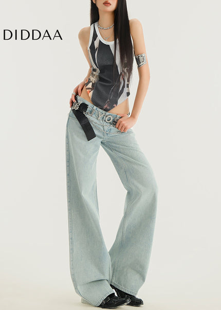 Blue Loose Fit American Retro Low-Rise Wide-Leg Jeans - Women’s Jeans