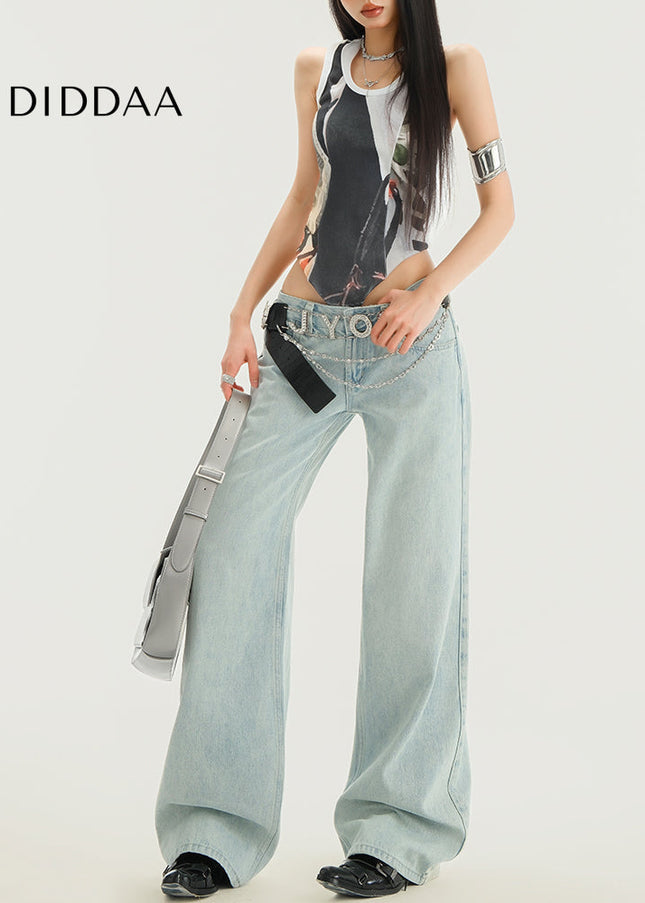 Blue Loose Fit American Retro Low-Rise Wide-Leg Jeans - Women’s Jeans