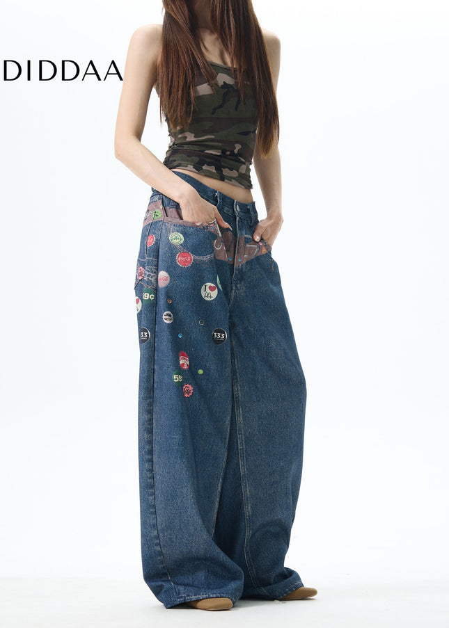 Blue Loose Fit American Retro Print Wide-Legged Jeans - Women’s Jeans