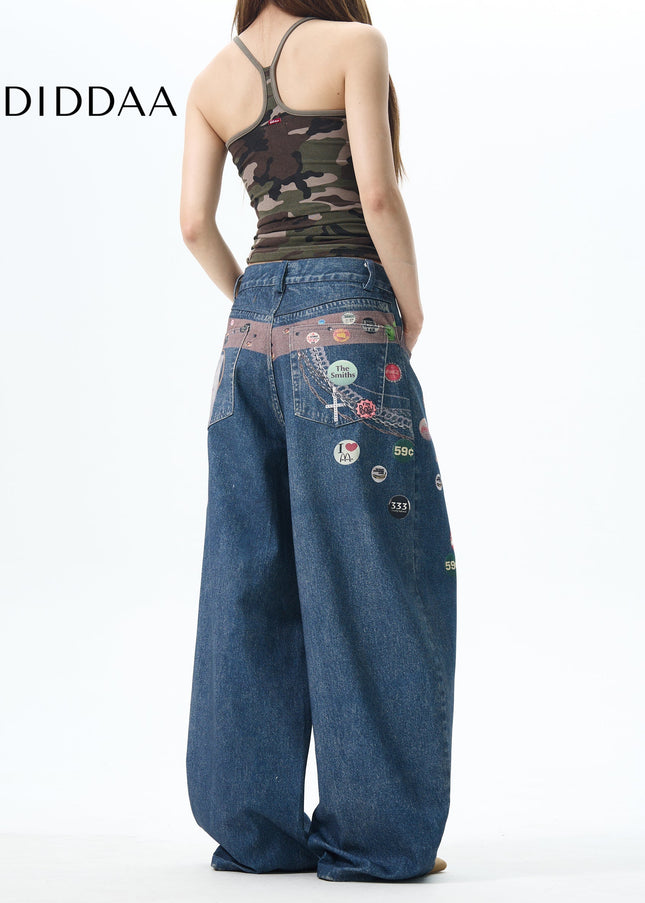 Blue Loose Fit American Retro Print Wide-Legged Jeans - Women’s Jeans