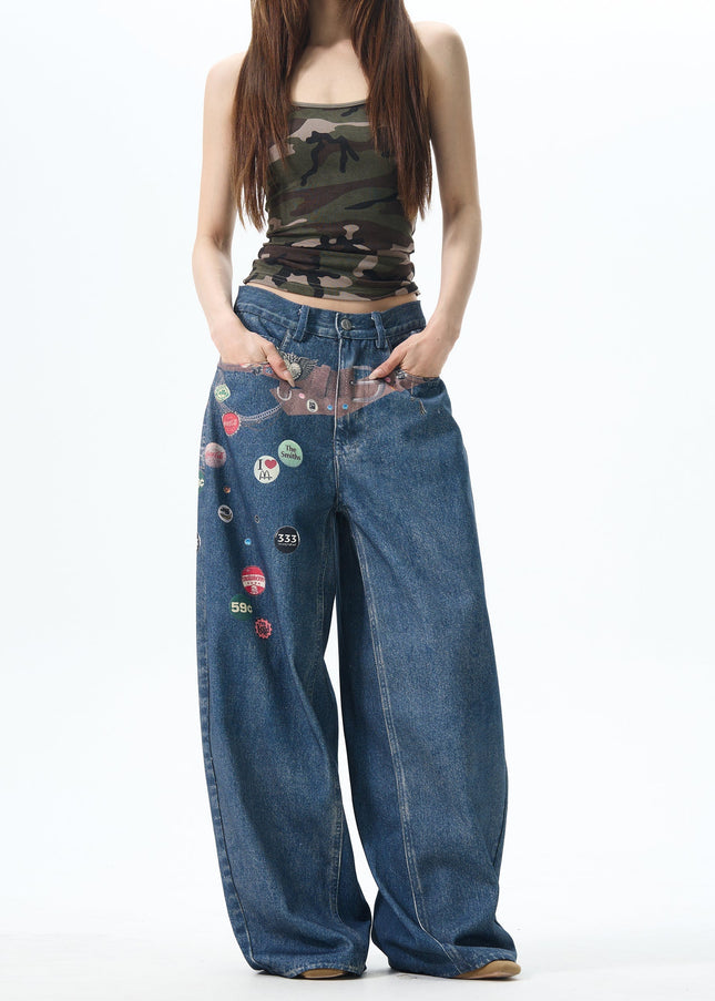 Blue Loose Fit American Retro Print Wide-Legged Jeans - Women’s Jeans