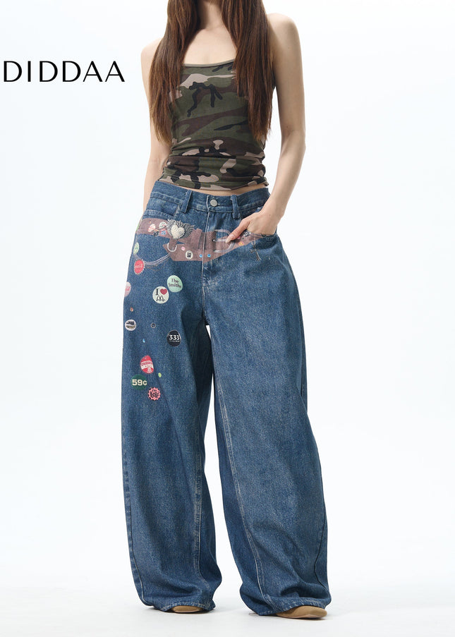 Blue Loose Fit American Retro Print Wide-Legged Jeans - Women’s Jeans