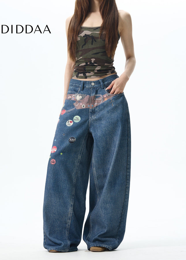 Blue Loose Fit American Retro Print Wide-Legged Jeans - Women’s Jeans