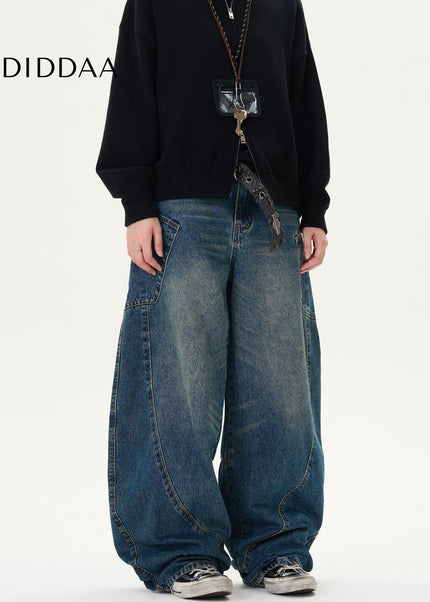 Blue Loose Fit Deconstructed Wide Leg Jeans - Men’s Jeans