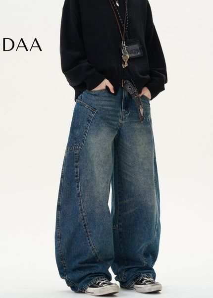 Blue Loose Fit Deconstructed Wide Leg Jeans - XS / Dark Blue - Men’s Jeans