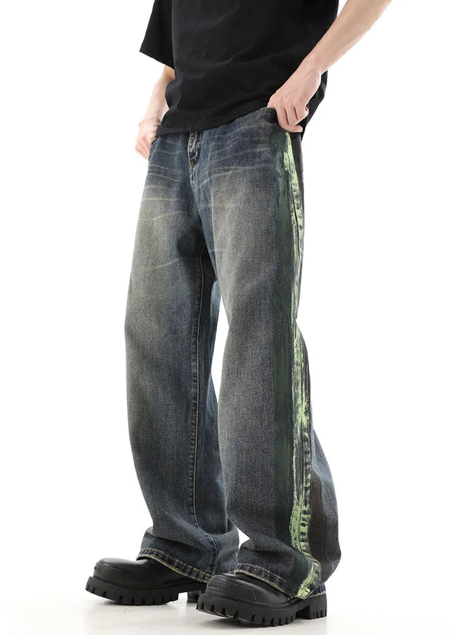 Blue Loose Fit Graffiti Straight Jeans for Men - Men’s Jeans