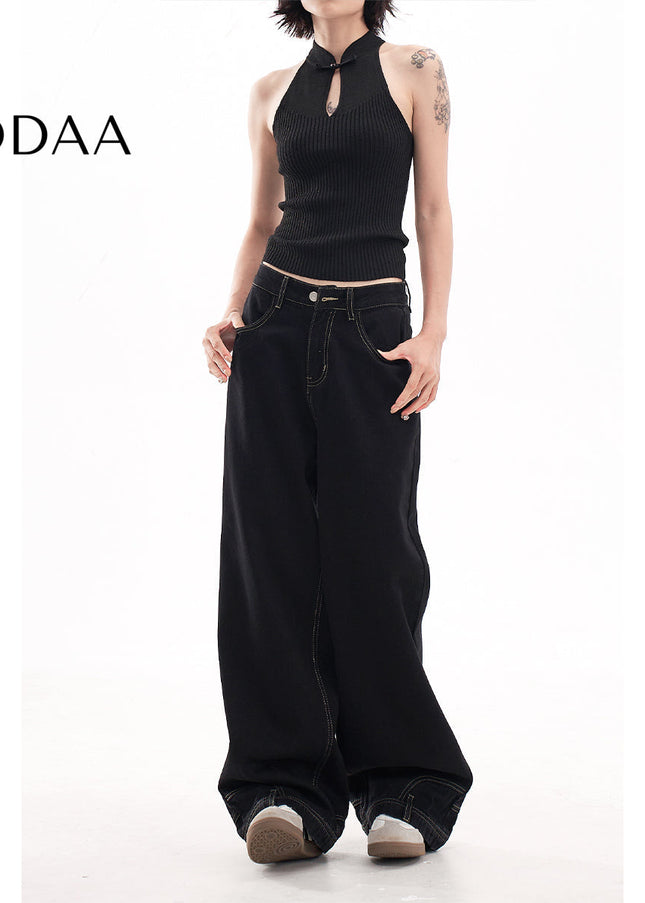 Blue Loose Fit High-End Reverse Wear Wide-Leg Jeans - XS / Black - Women’s Jeans