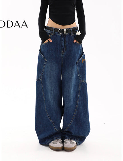 Blue Loose Fit Large Pocket Straight Leg Jeans - S / Dark Blue - Women’s Jeans