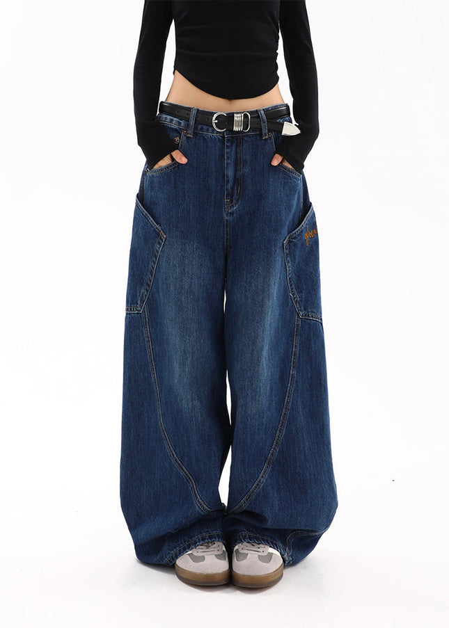 Blue Loose Fit Large Pocket Straight Leg Jeans - Women’s Jeans