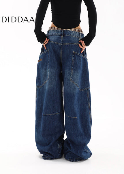 Blue Loose Fit Large Pocket Straight Leg Jeans - Women’s Jeans