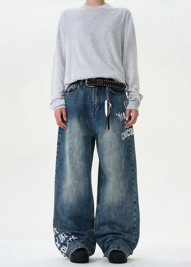 Blue Loose Fit Monogram Print Jeans - Men’s Jeans