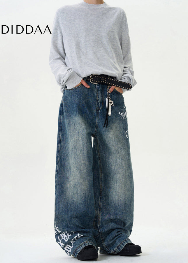 Blue Loose Fit Monogram Print Jeans - Men’s Jeans