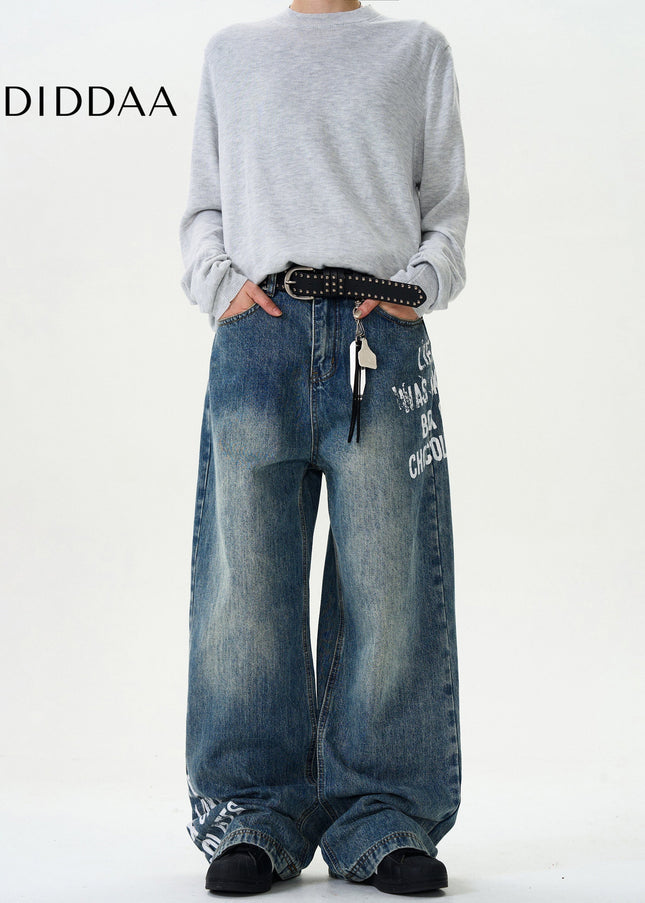 Blue Loose Fit Monogram Print Jeans - Men’s Jeans