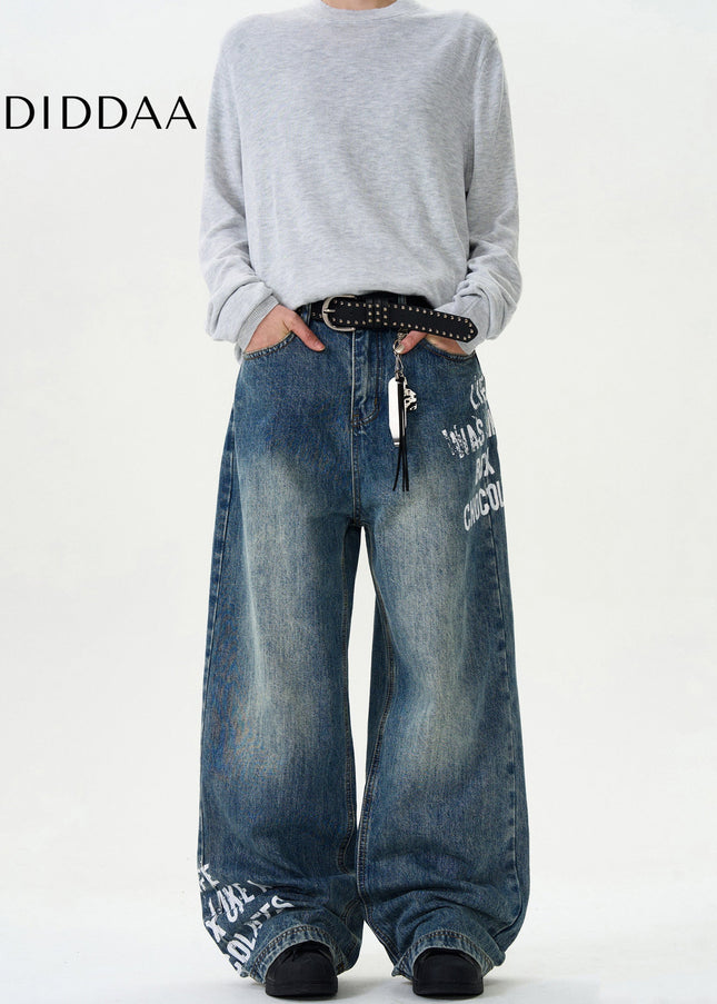 Blue Loose Fit Monogram Print Jeans - Men’s Jeans