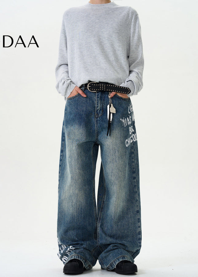 Blue Loose Fit Monogram Print Jeans - S / Mid Blue - Men’s Jeans