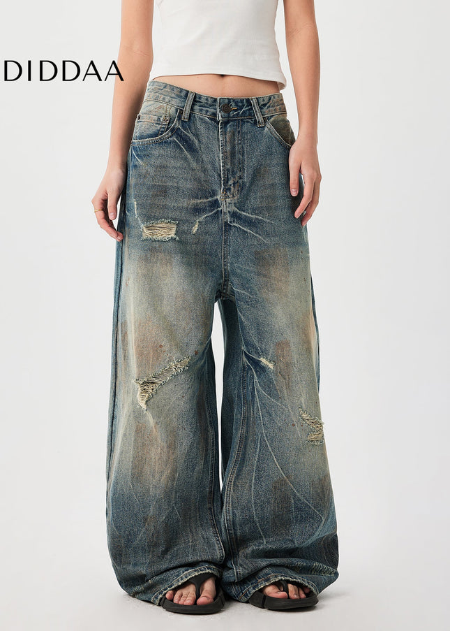 Blue Loose Fit Punched Cat Beard Jeans for Men - Men’s Jeans