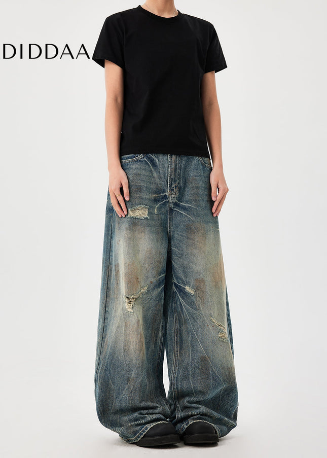 Blue Loose Fit Punched Cat Beard Jeans for Men - Men’s Jeans