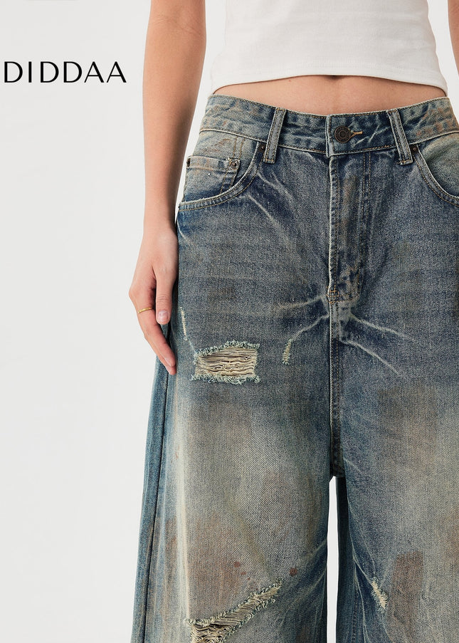 Blue Loose Fit Punched Cat Beard Jeans for Men - Men’s Jeans