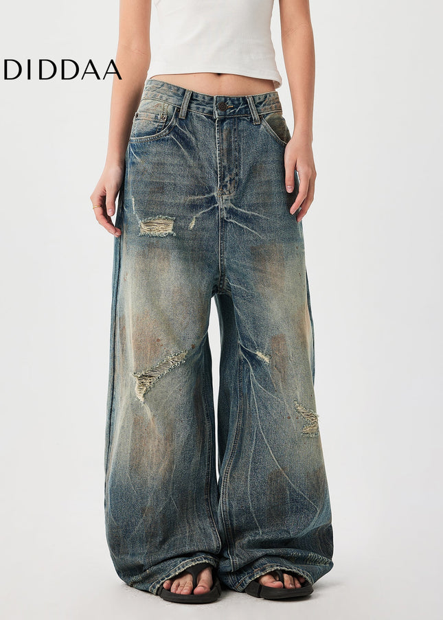 Blue Loose Fit Punched Cat Beard Jeans for Men - Men’s Jeans