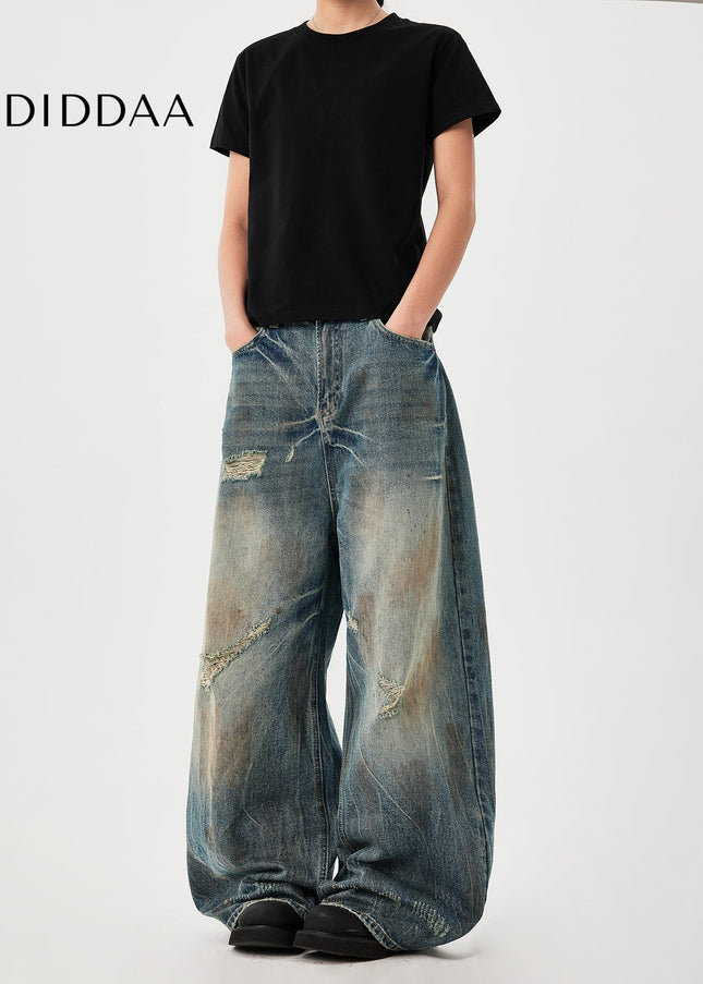 Blue Loose Fit Punched Cat Beard Jeans for Men - Men’s Jeans