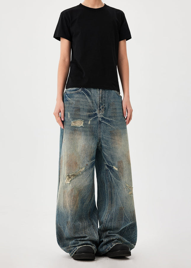 Blue Loose Fit Punched Cat Beard Jeans for Men - Men’s Jeans