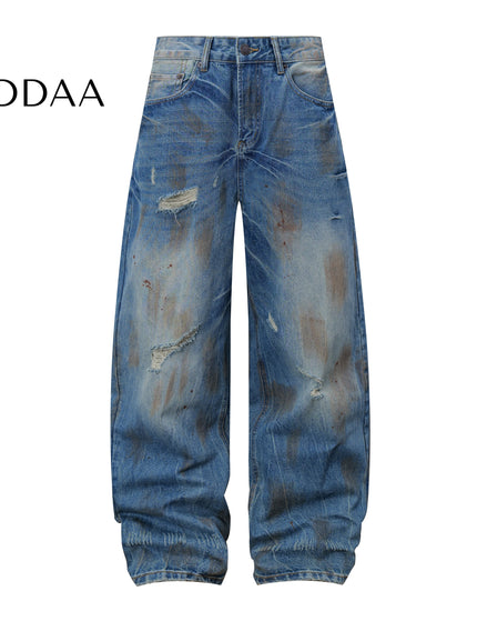 Blue Loose Fit Punched Cat Beard Jeans for Men - Mid Blue / S - Men’s Jeans