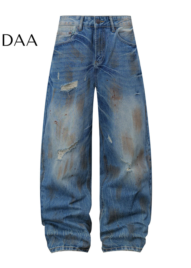Blue Loose Fit Punched Cat Beard Jeans for Men - Mid Blue / S - Men’s Jeans