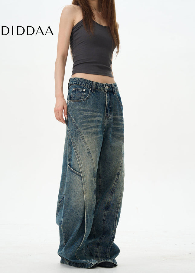 Blue Loose Fit Retro Deconstructed Jeans - Women’s Jeans