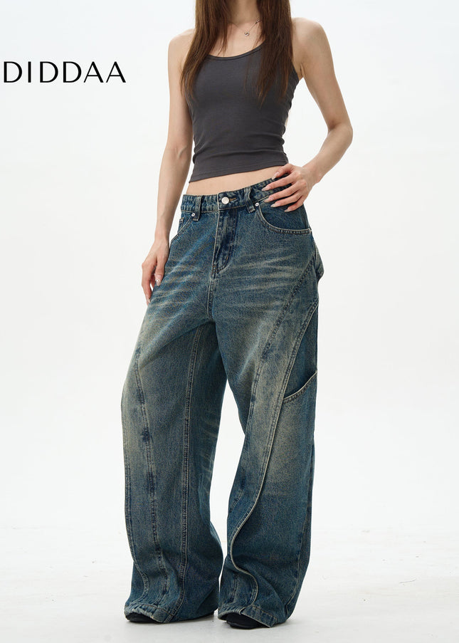 Blue Loose Fit Retro Deconstructed Jeans - Women’s Jeans