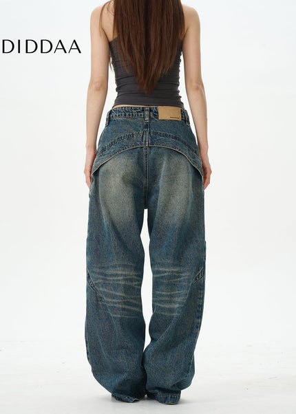 Blue Loose Fit Retro Deconstructed Jeans - Women’s Jeans