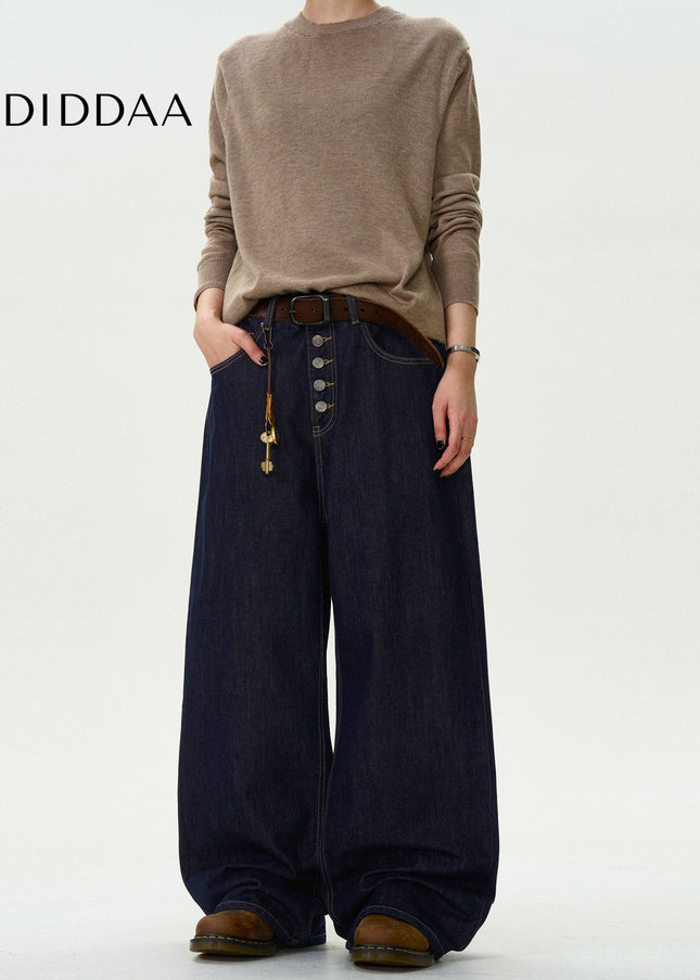 Blue Loose Fit Retro Denim Straight Jeans for Men and Women - Men’s Jeans